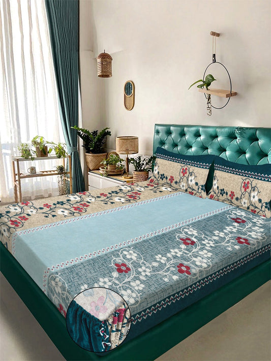 Multi Floral Fitted Woolen Double Bedsheet with 2 Pillow Covers