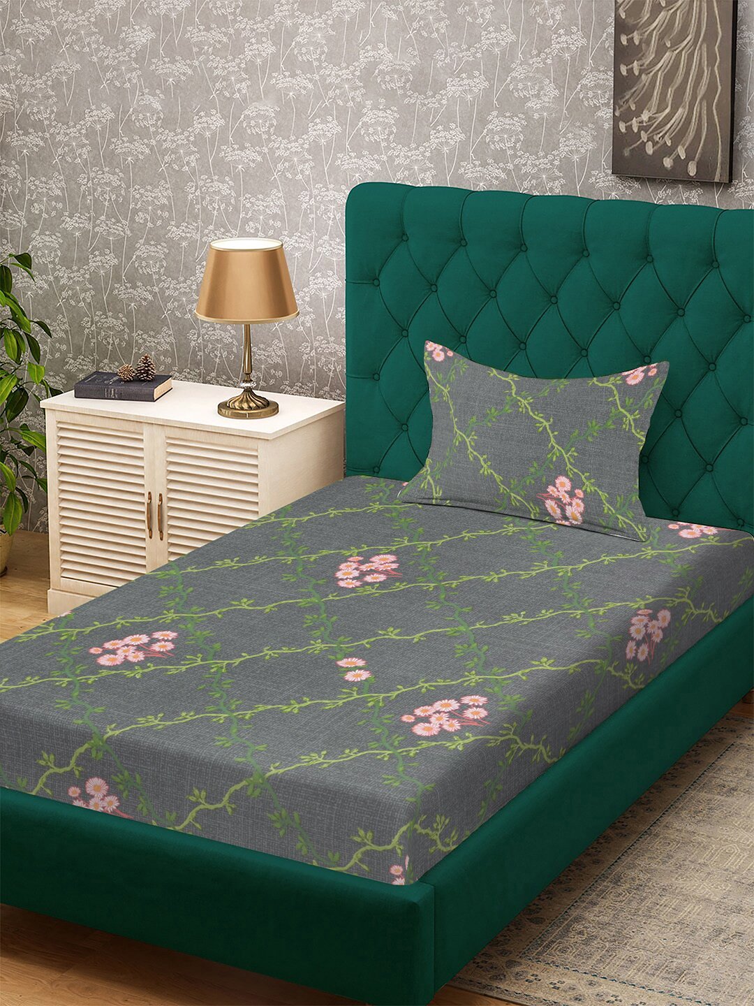 Grey Floral 300 TC Cotton Blend Single Bedsheet with Pillow Cover