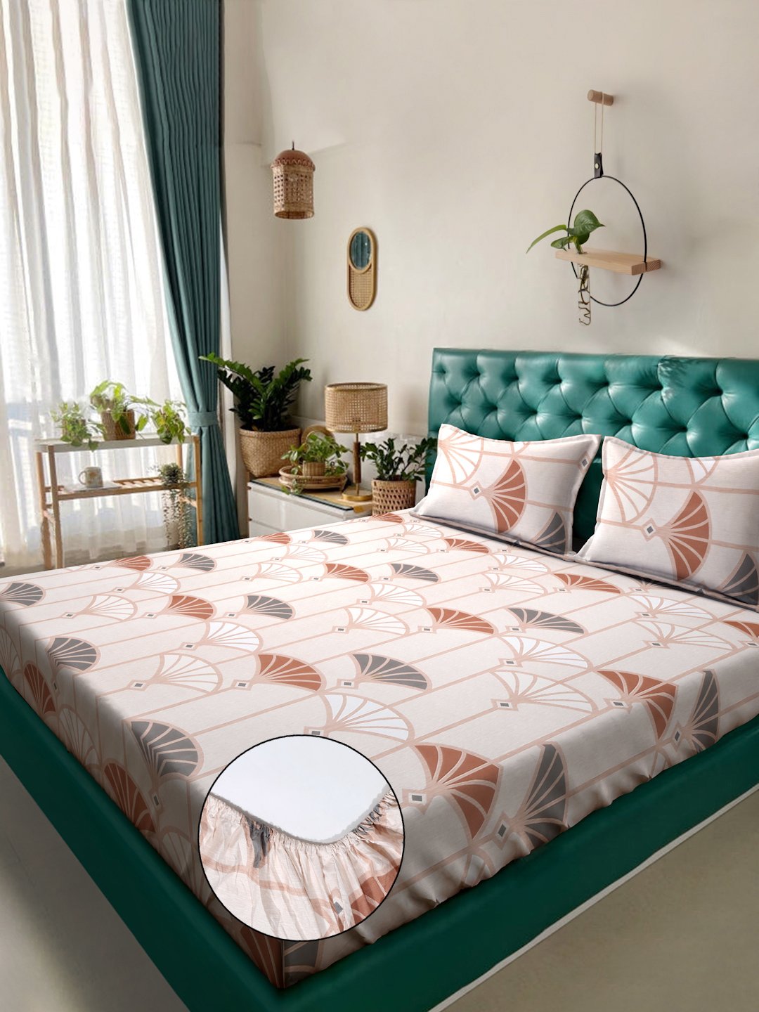 Book Fold Cream Floral 300 TC Cotton Blend Fitted Double Bedsheet with 2 Pillow Covers