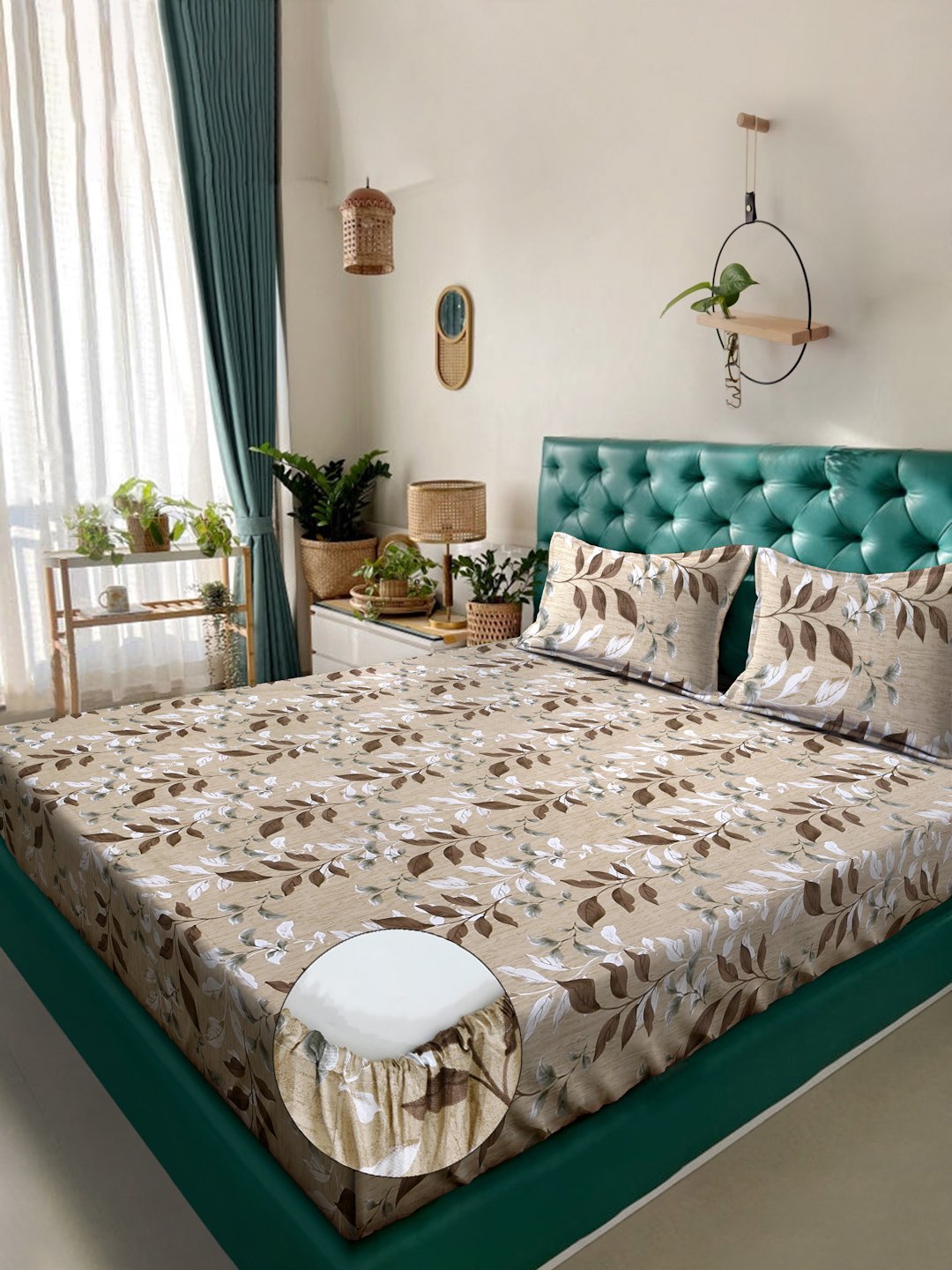 Beige Floral 400 TC Pure Cotton Fitted Double Bedsheet with 2 Pillow Covers