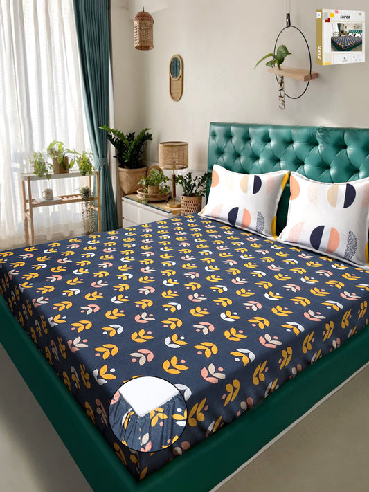 Klotthe Blue Floral 300 TC Cotton Blend Fitted Double Bedsheet in Book Fold Packing