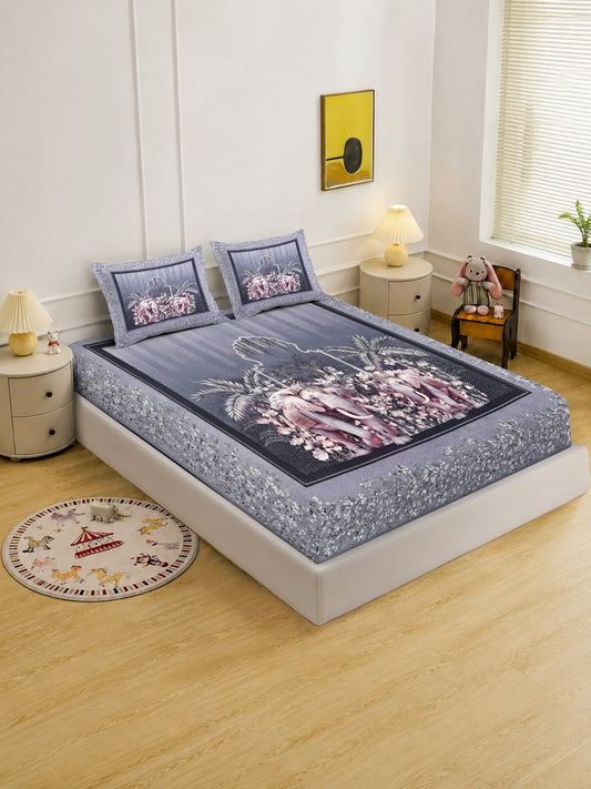 Digital Printed Grey Animal Cotton Blend Double Bedsheet with 2 Pillow Covers