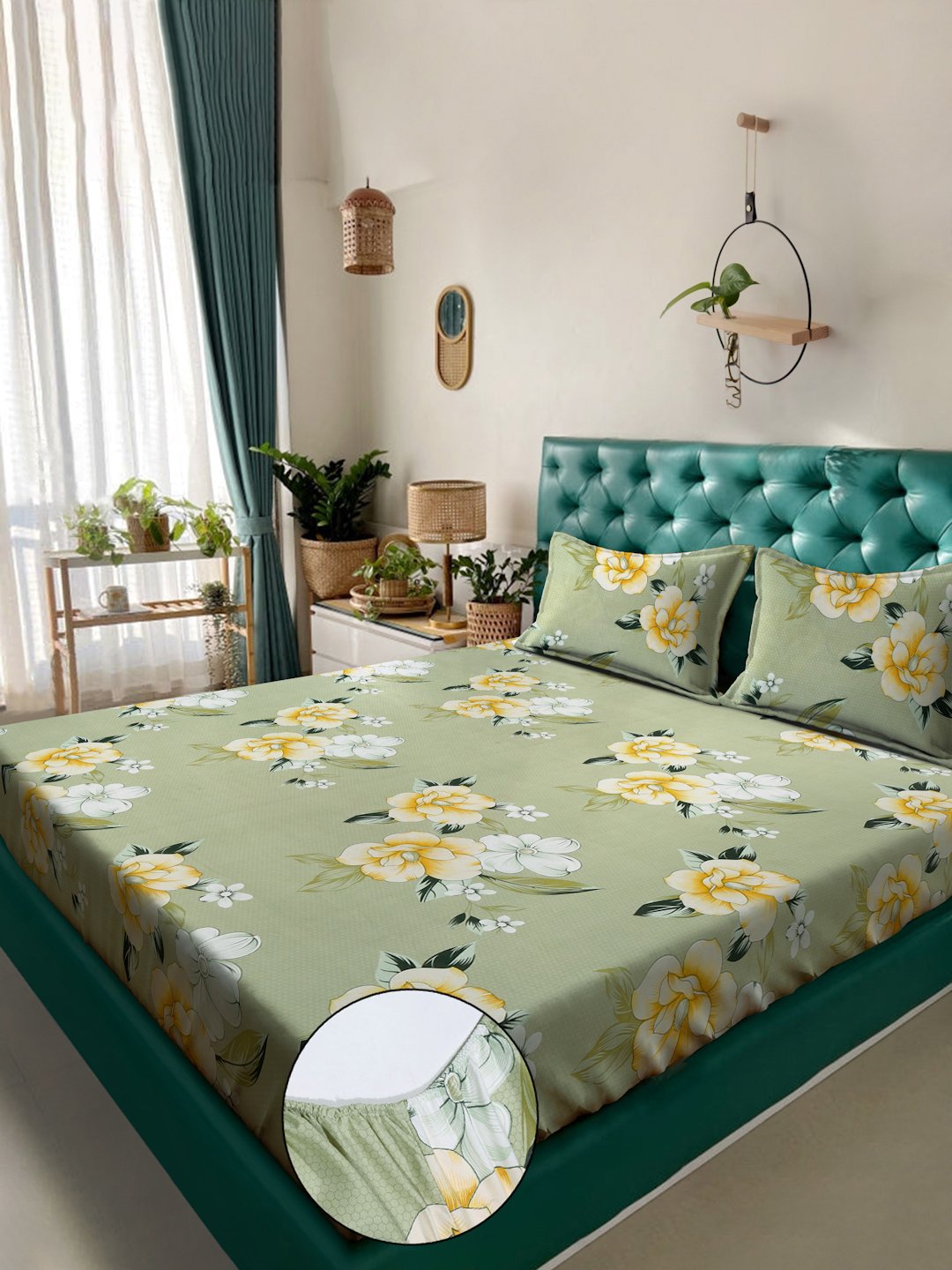 Green Floral  300 TC Cotton Blend Fitted Double Bedsheet in Book Fold Packing