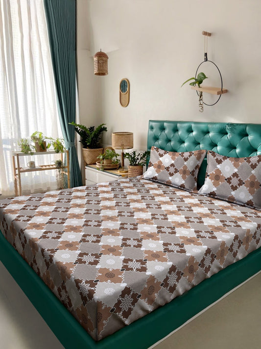Brown Geometric 400 TC Pure Cotton Double Bedsheet with 2 Pillow Covers