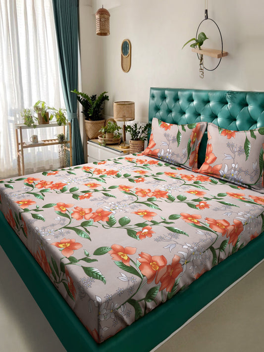 Klotthe Beige Floral 300 TC Cotton Blend Double Bedsheet with 2 Pillow Covers
