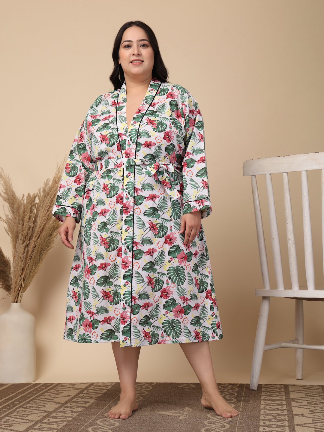 Women Printed White Floral Plus Size Pure Cotton Bath Robe With Belt