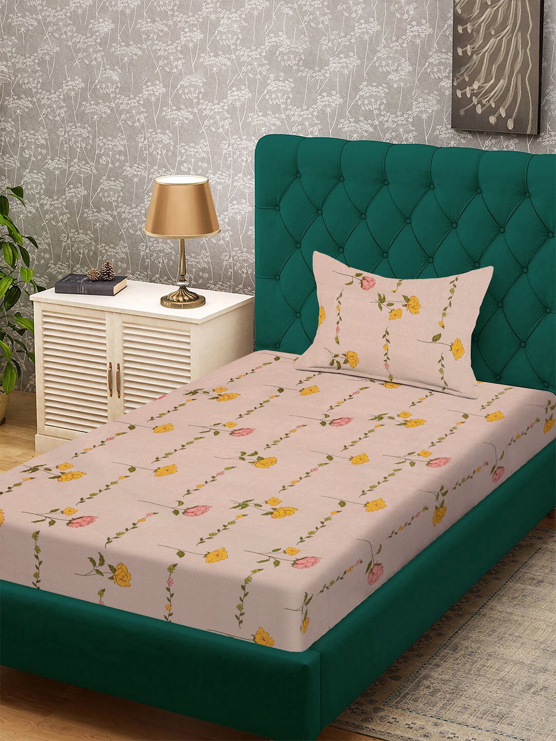 Peach Floral 300 TC Cotton Blend Fitted Single Bedsheet with Pillow Cover
