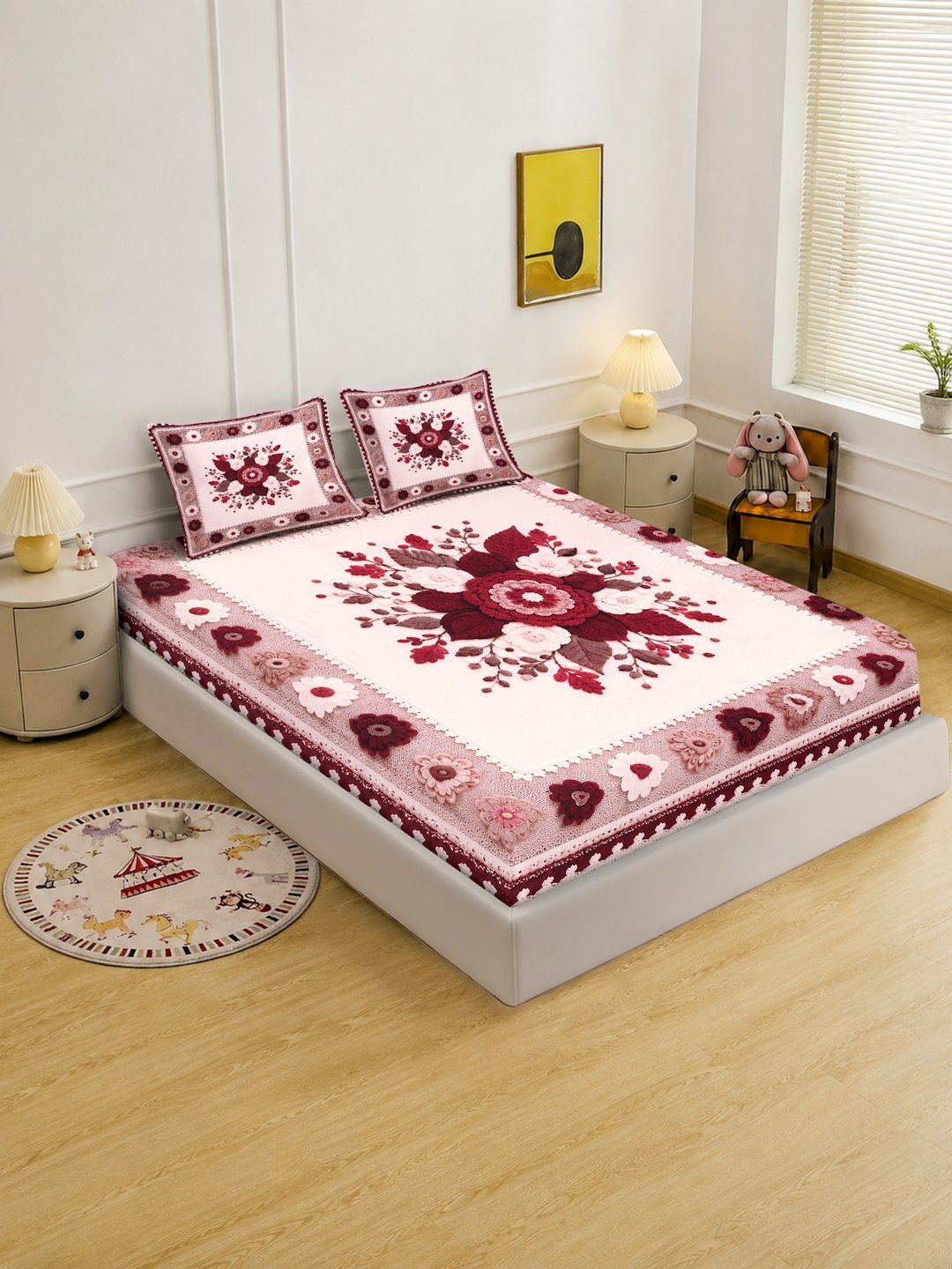 Digital Printed Maroon Floral Cotton Blend Double Bedsheet with 2 Pillow Covers