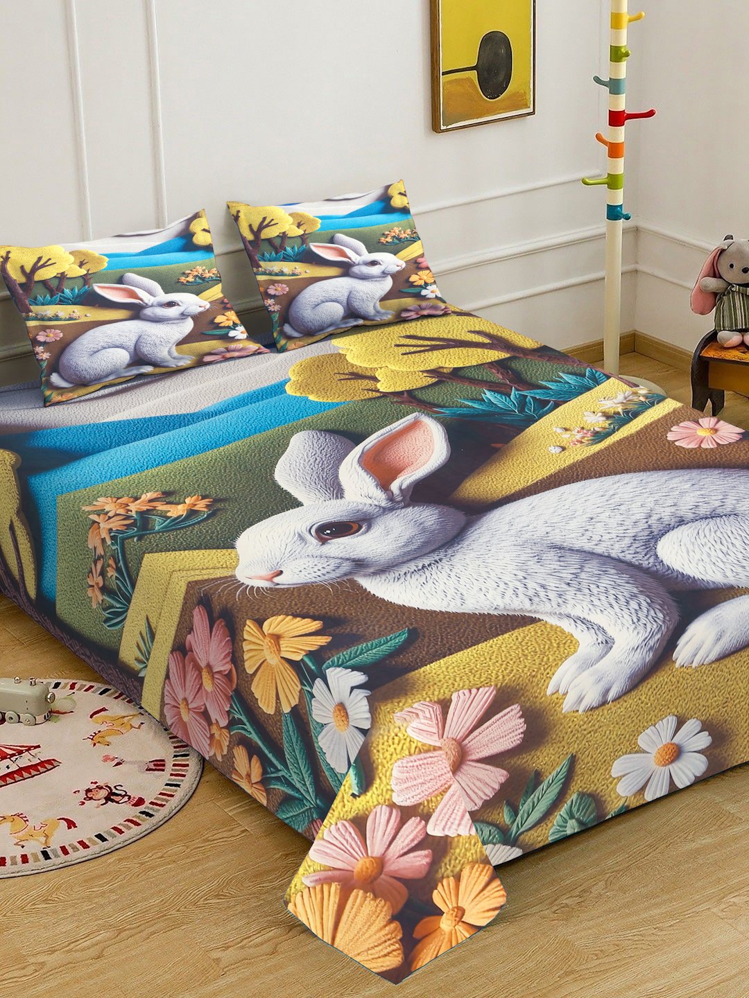 Multi Digital Animal Printed Cotton Blend Double Bedsheet with 2 Pillow Covers