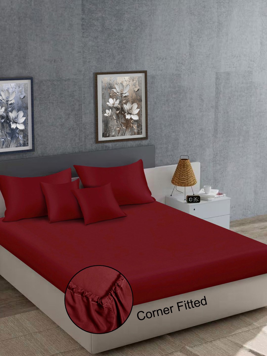 Maroon Solid 400 TC Satin Fitted Super King Double Bedsheet with 2 Pillow Covers & 2 Cushion Covers