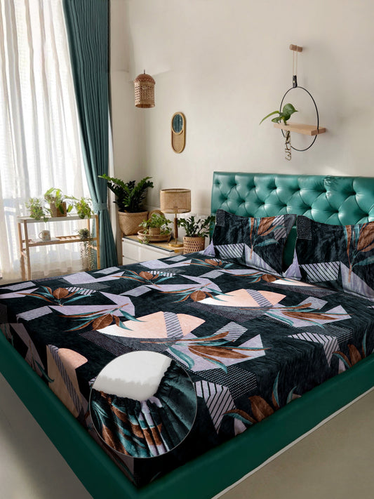 Klotthe Multi Floral Woolen Fitted Double Bed Sheet with 2 Pillow Covers