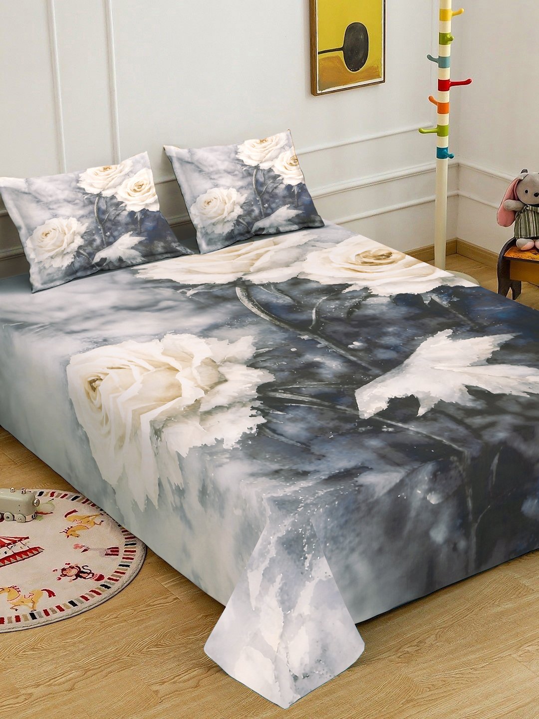 Grey Digital Floral Printed Cotton Blend Double Bedsheet with 2 Pillow Covers