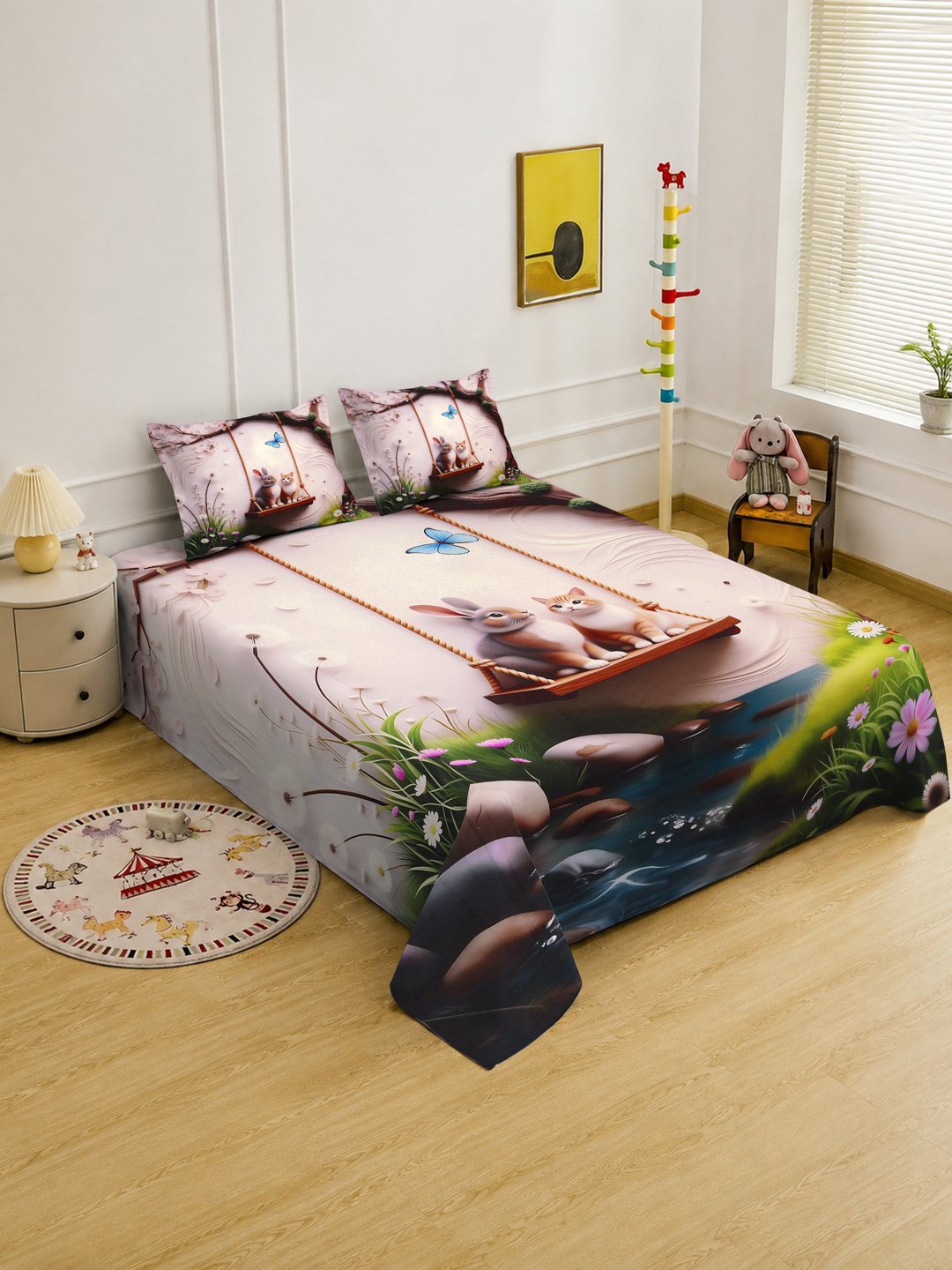 Digital Multi Animal Cotton Blend Fitted Double Bedsheet with 2 Pillow Covers