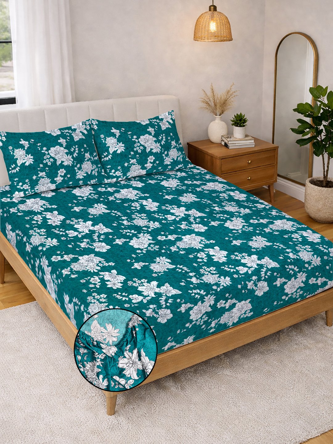 Green Floral Cotton Blend Fitted Double Bedsheet with 2 Pillow Covers