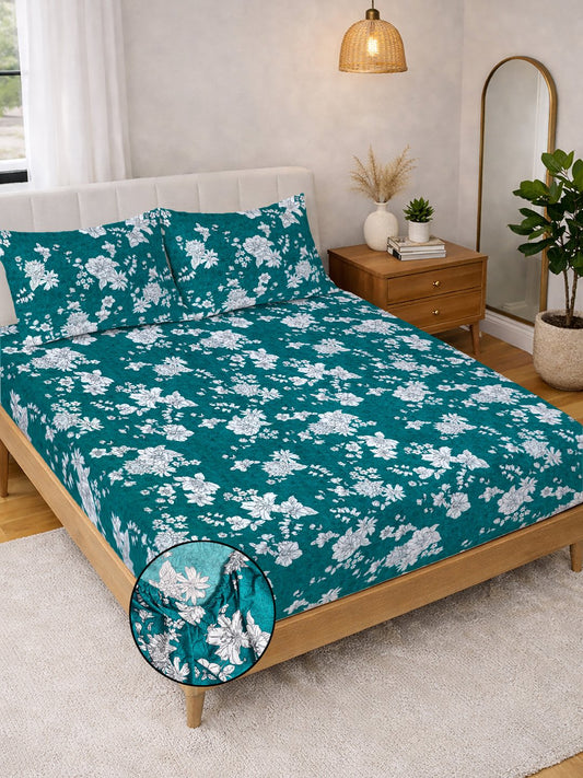 Green Floral Cotton Blend Fitted Double Bedsheet with 2 Pillow Covers