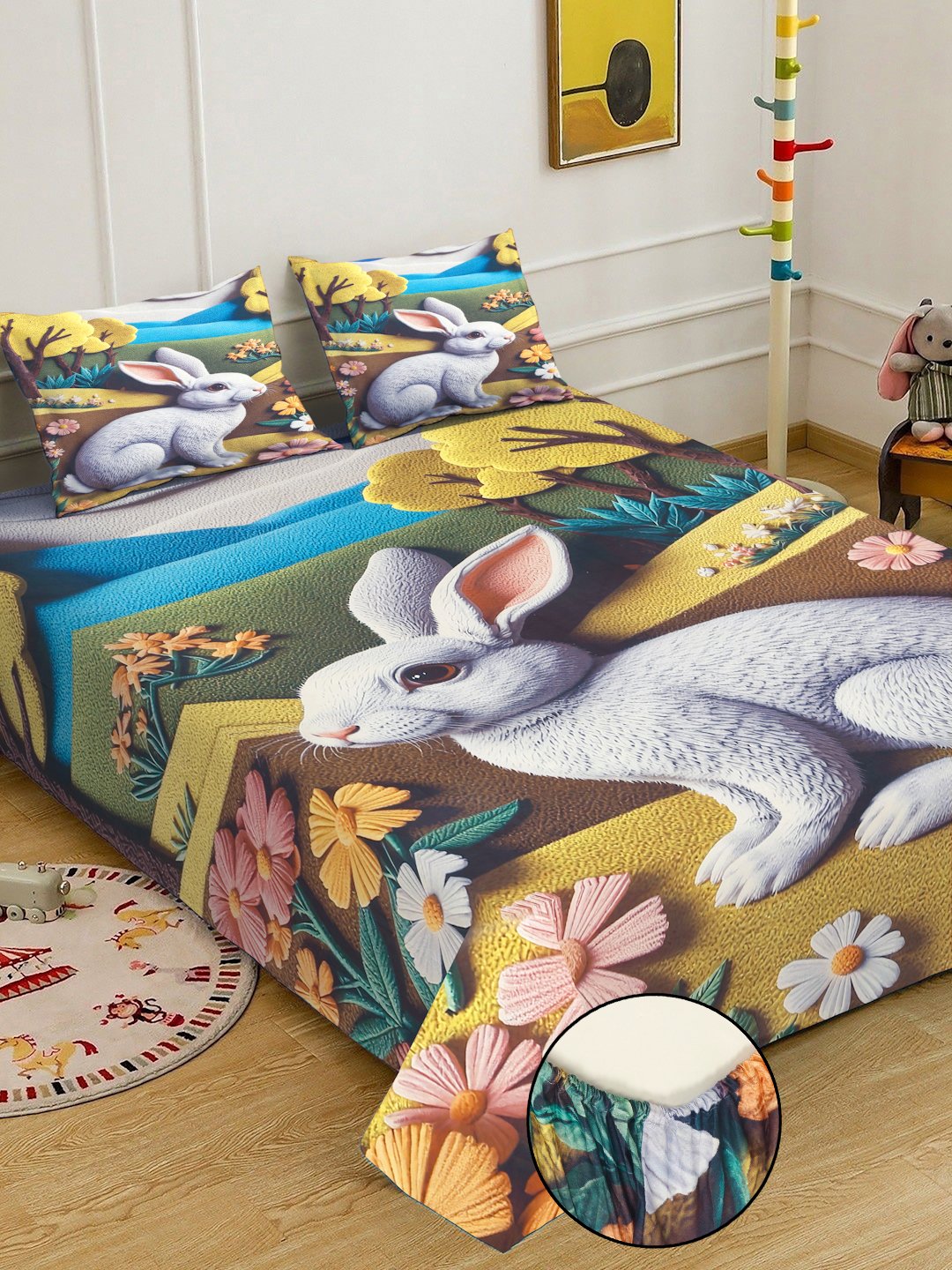 Multi Digital Animal Printed Cotton Blend Fitted Double Bedsheet with 2 Pillow Covers