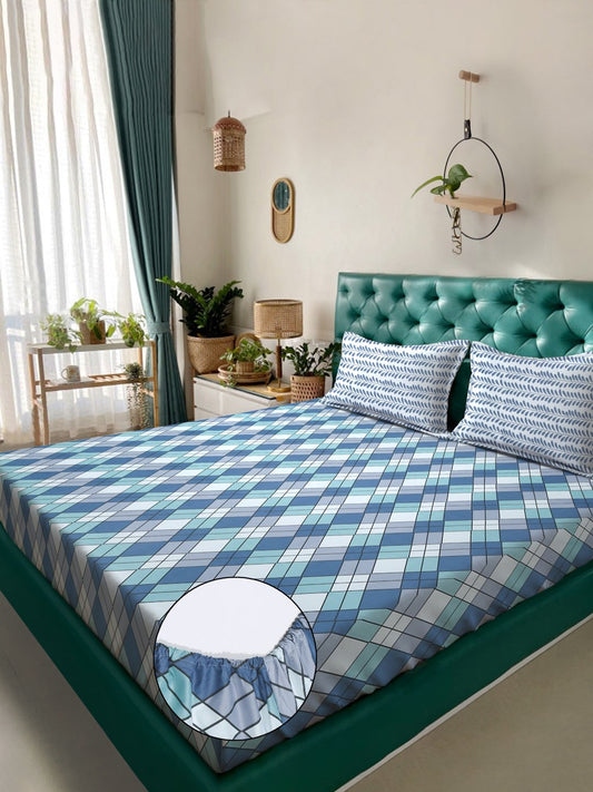 Multi Geometric 300 TC Cotton Blend Fitted Double Bedsheet with 2 Pillow Covers