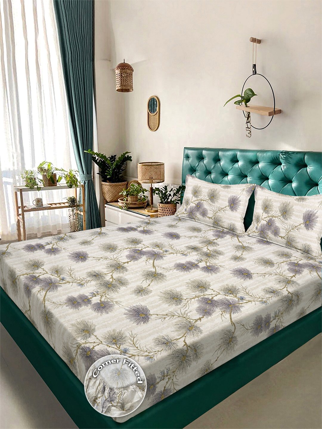 Beige Floral 300 TC Cotton Blend Fitted Double Bedsheet with 2 Pillow Covers