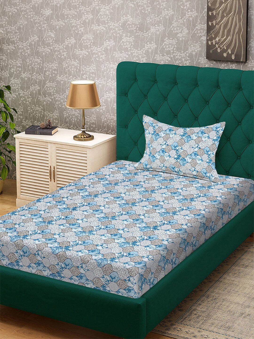 Blue Floral 300 TC Cotton Blend Single Bedsheet with Pillow Cover