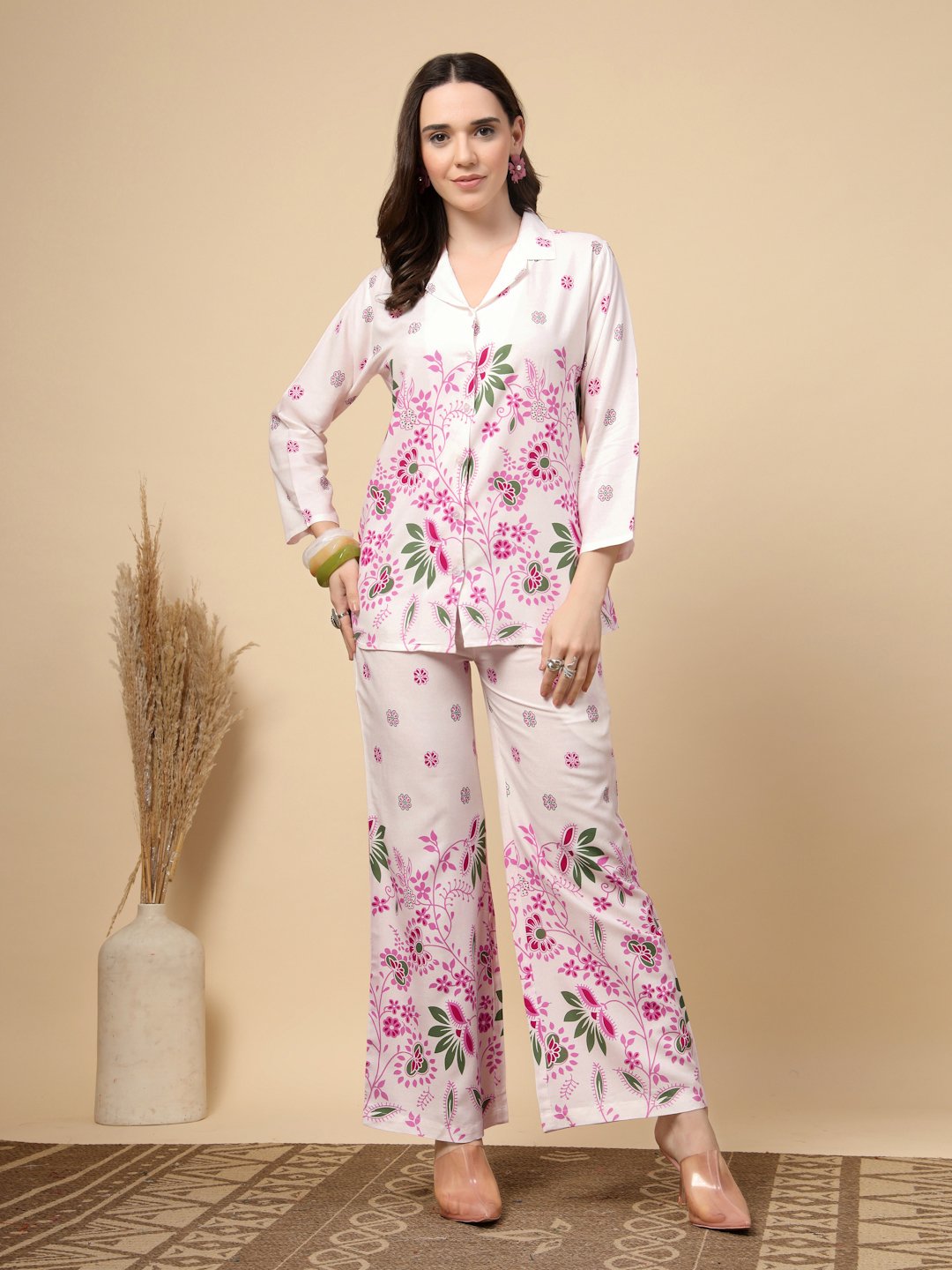 Cream Cotton Printed Shirt With Trousers Co-Ords Set