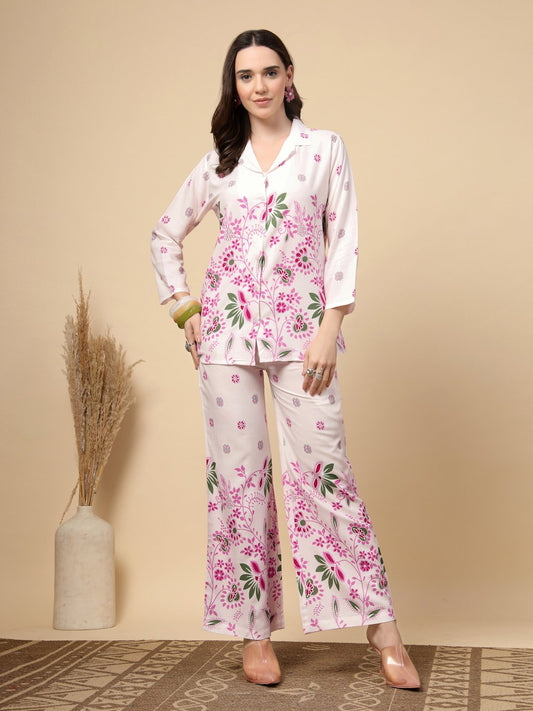 Cream Cotton Printed Shirt With Trousers Co-Ords Set