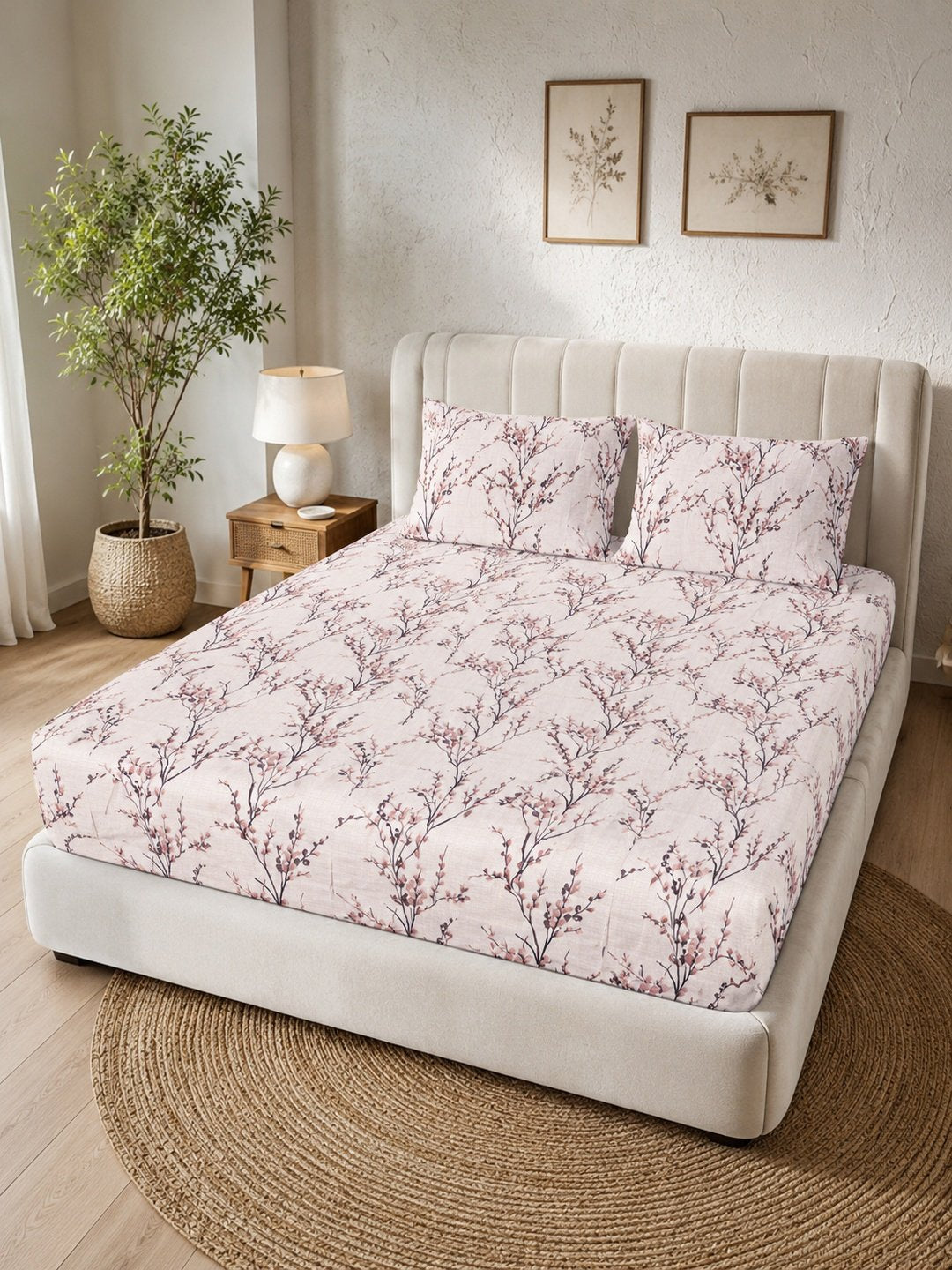 Cream Floral Cotton Blend Double Bedsheet with 2 Pillow Covers