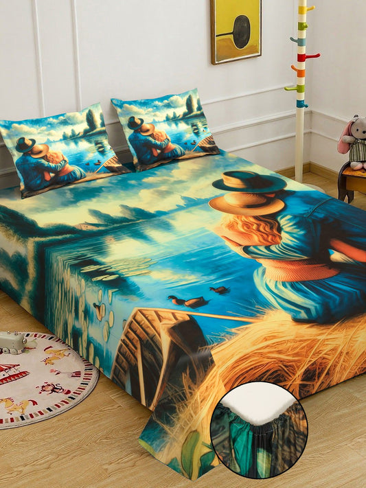 Blue Digital Abstract Printed Cotton Blend Fitted Double Bedsheet with 2 Pillow Covers