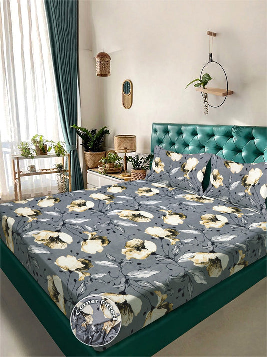 Grey Floral 300 TC Cotton Blend Fitted Double Bedsheet with 2 Pillow Covers