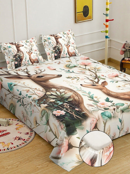 Cream 7D Animal Printed Fitted Cotton Blend Double Bedsheet with 2 Pillow Covers