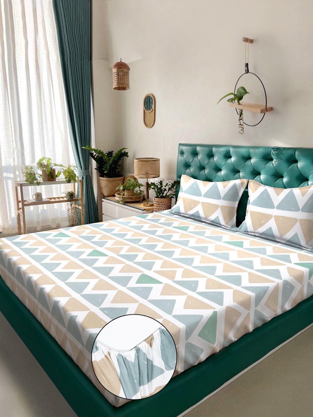 Multi Geometric 300 TC Cotton Blend Fitted Double Bedsheet in Book Fold Packing