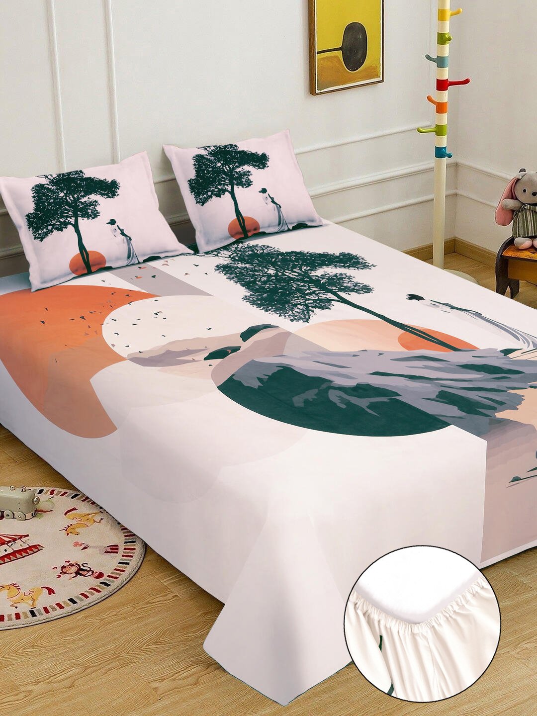 Cream Digital Abstract Printed Fitted Cotton Blend Double Bedsheet with 2 Pillow Covers