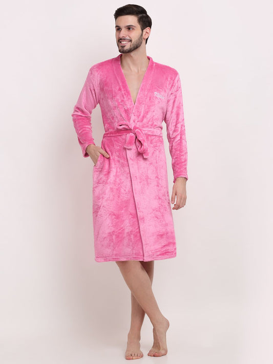 Men LightPink Solid Wool Bath Robe With Belt
