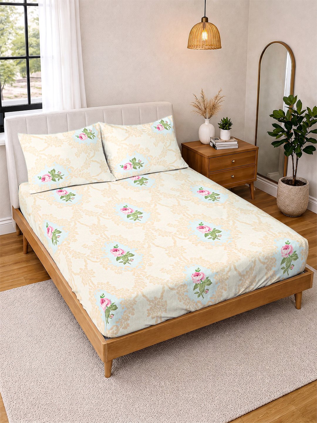 Cream Floral Cotton Blend Double Bedsheet with 2 Pillow Covers
