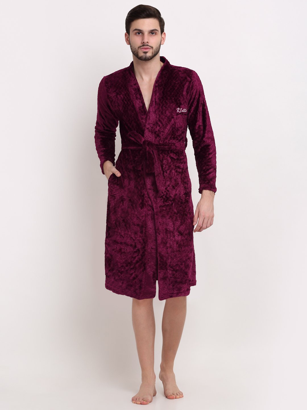 Men Maroon Self Design Wool Bath Robe With Belt