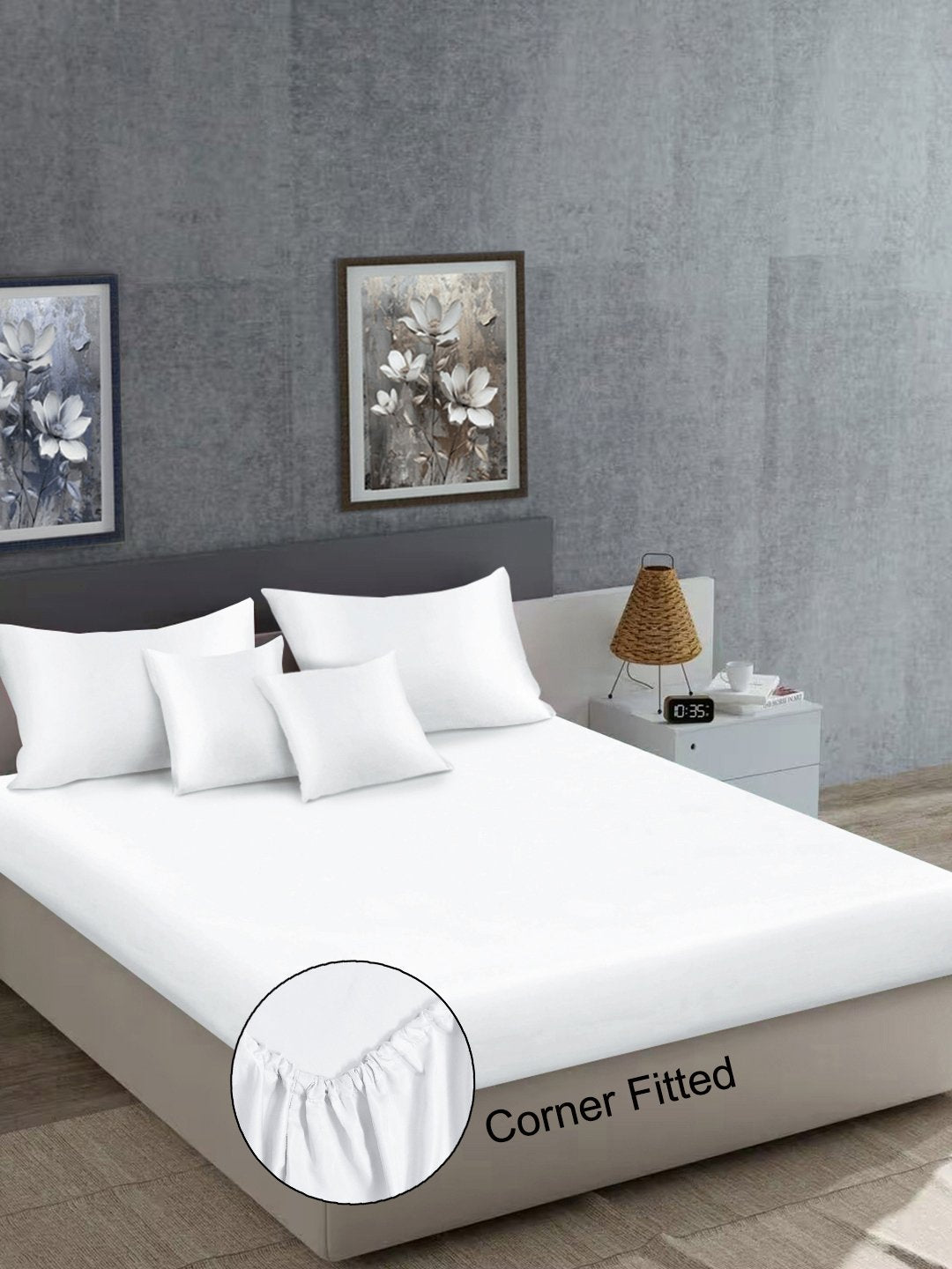 White Solid 400 TC Satin Fitted Super King Double Bedsheet with 2 Pillow Covers & 2 Cushion Covers