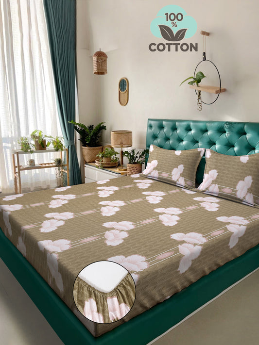 Klotthe Mustard Floral 400 TC Pure Cotton Fitted Double Bedsheet with 2 Pillow Covers