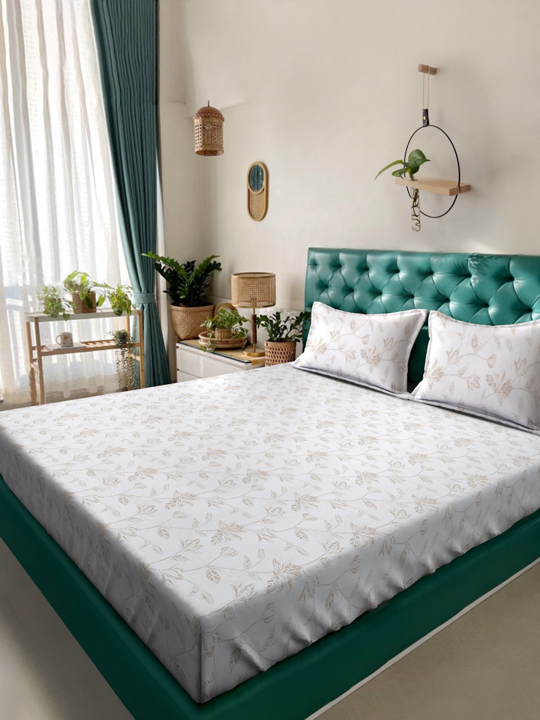 White Floral 400 TC Pure Cotton Super King Double Bedsheet with 2 Pillow Covers