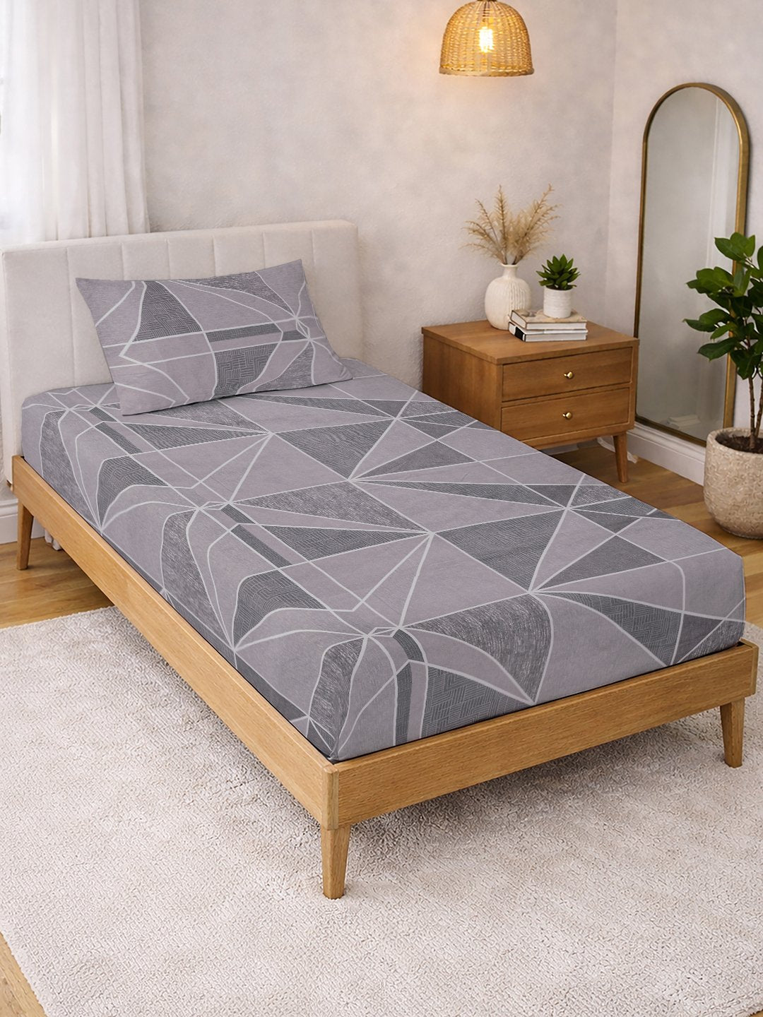 Purple Geometric Cotton Blend Single Bedsheet with Pillow Cover