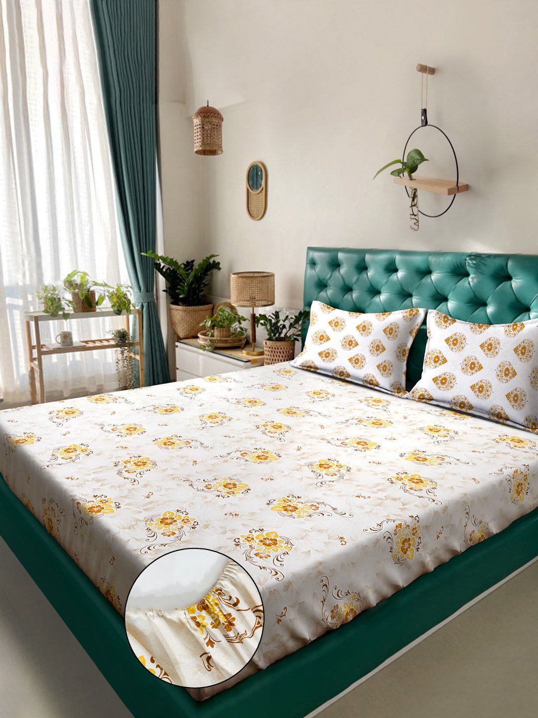 Yellow Floral 400 TC Pure Cotton Fitted Double Bedsheet with 2 Pillow Covers