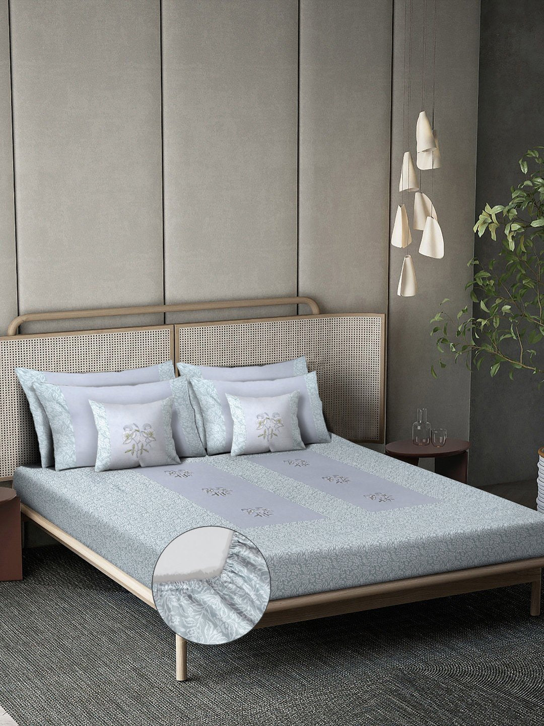 Grey Floral Embroidered 400 TC Cotton Fitted Double Bedsheet with 4 Pillow Covers & 2 Cushion Covers