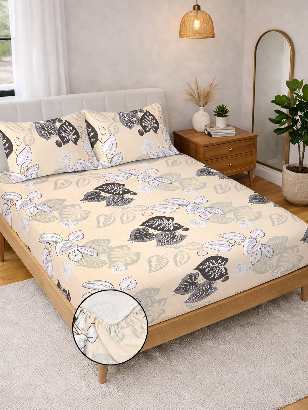 Beige Floral Fitted Fitted Cotton Blend Double Bedsheet with 2 Pillow Covers