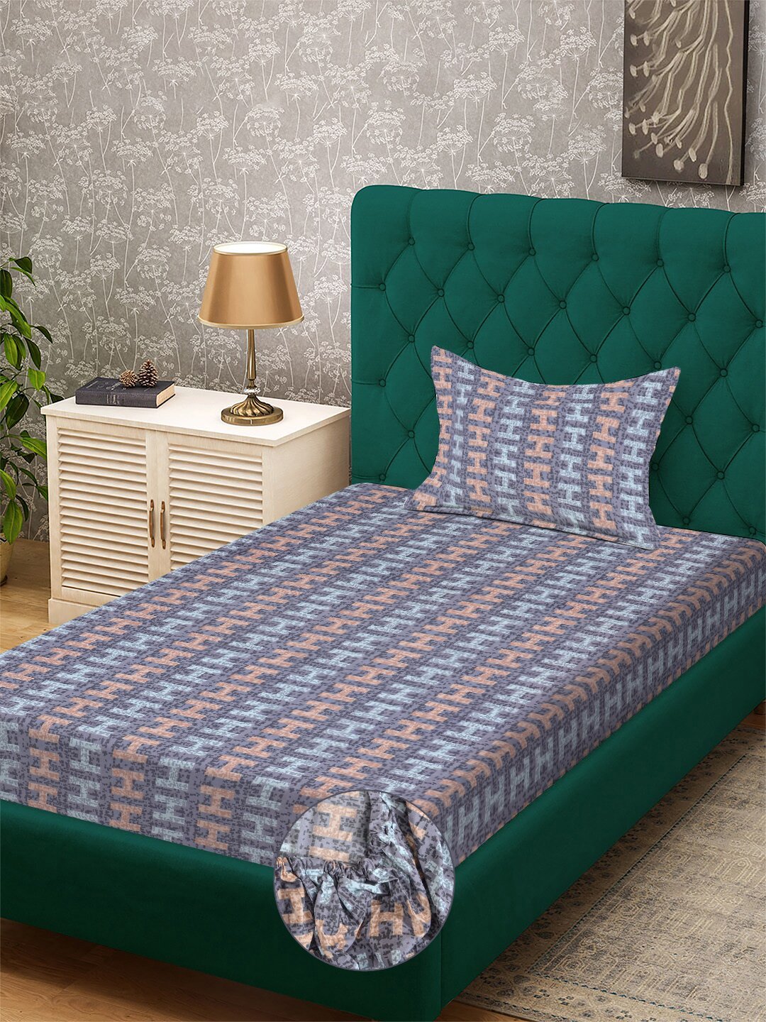 Purple Abstract 300 TC Cotton Blend Fitted Single Bedsheet with Pillow Cover