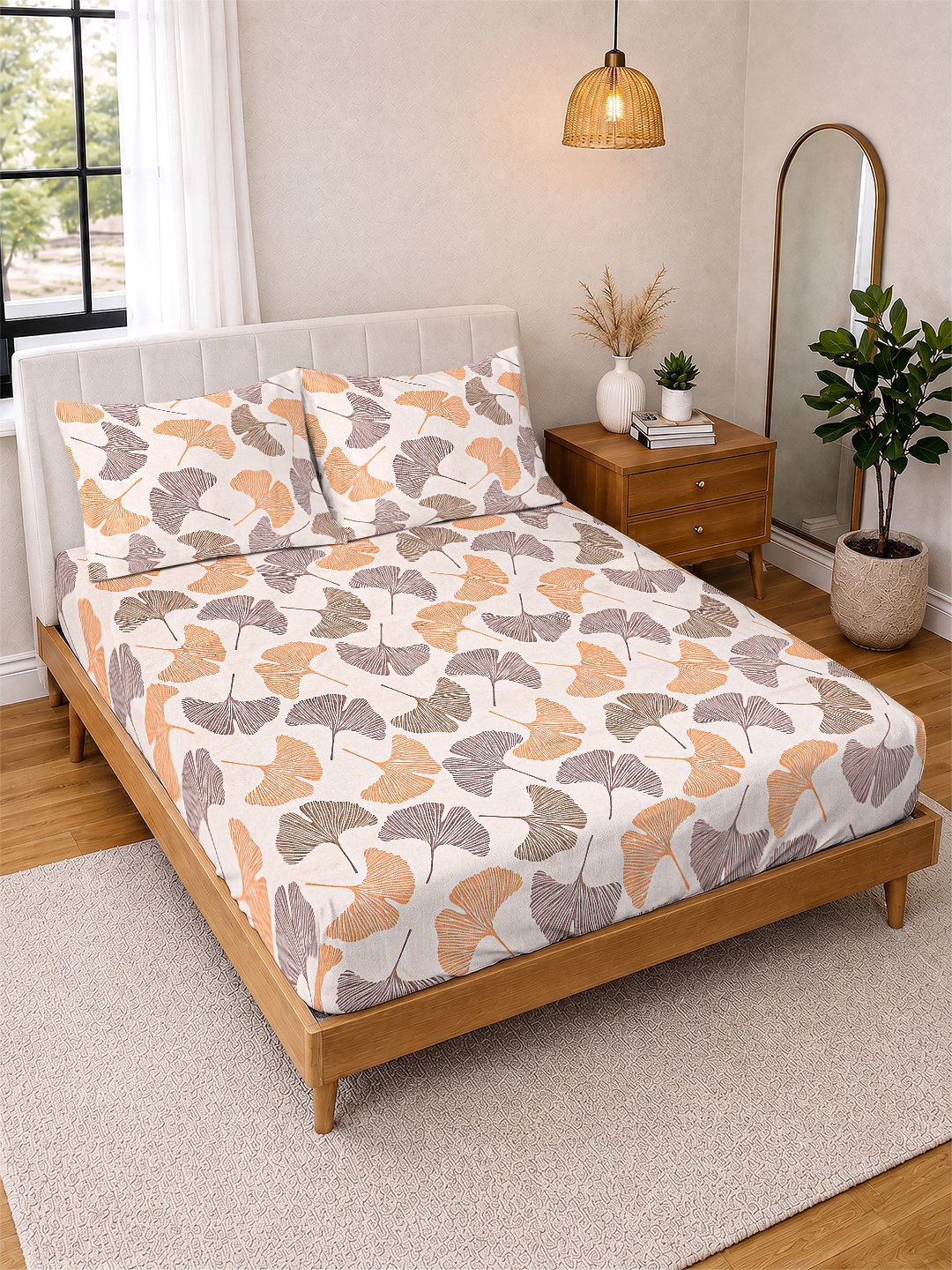 Beige Floral Cotton Blend Double Bedsheet with 2 Pillow Covers