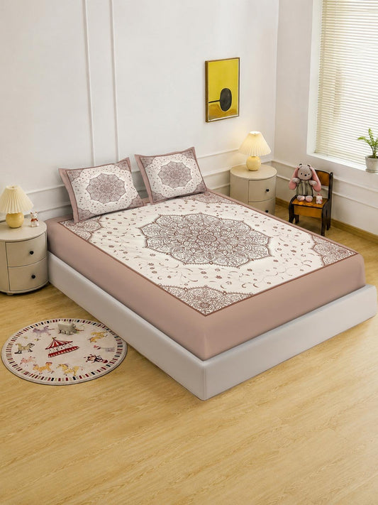 Digital Printed Cream Floral Cotton Blend Double Bedsheet with 2 Pillow Covers