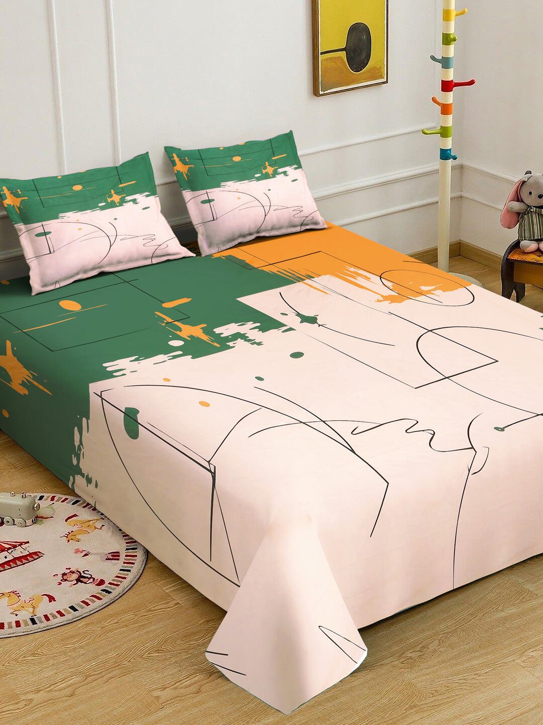 Cream Digital Geometric Printed Cotton Blend Double Bedsheet with 2 Pillow Covers