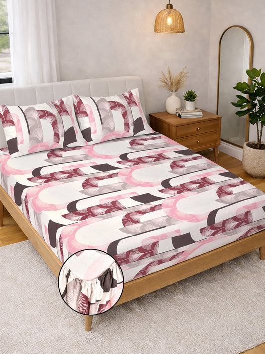 Multi Geometric Fitted Fitted Cotton Blend Double Bedsheet with 2 Pillow Covers