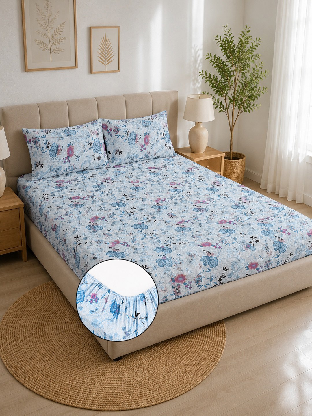 Blue Floral Cotton Blend Fitted Double Bedsheet with 2 Pillow Covers
