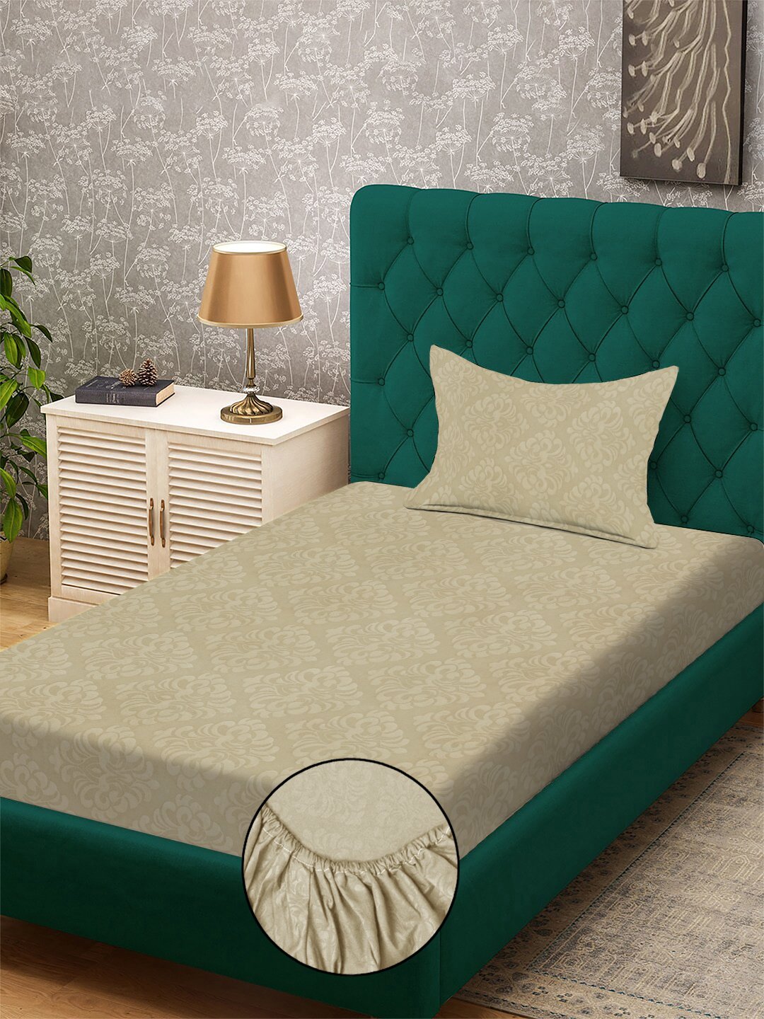 Beige Floral Embossed Cotton Blend Fitted Single Bedsheet with Pillow Cover