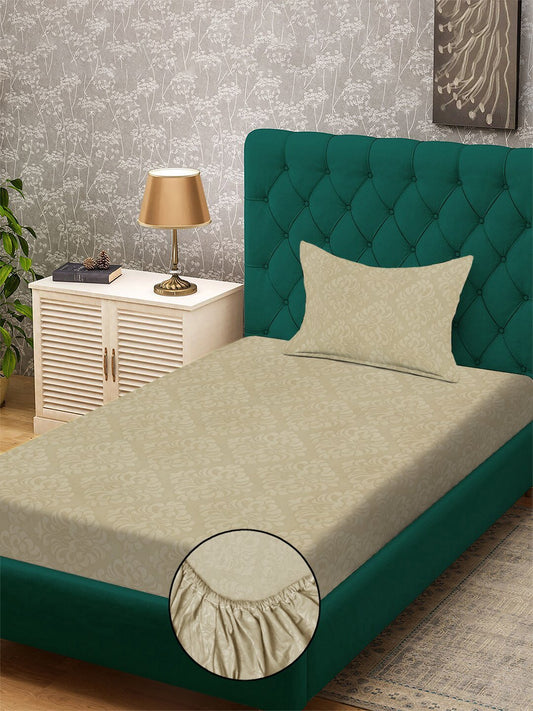 Beige Floral Embossed Cotton Blend Fitted Single Bedsheet with Pillow Cover