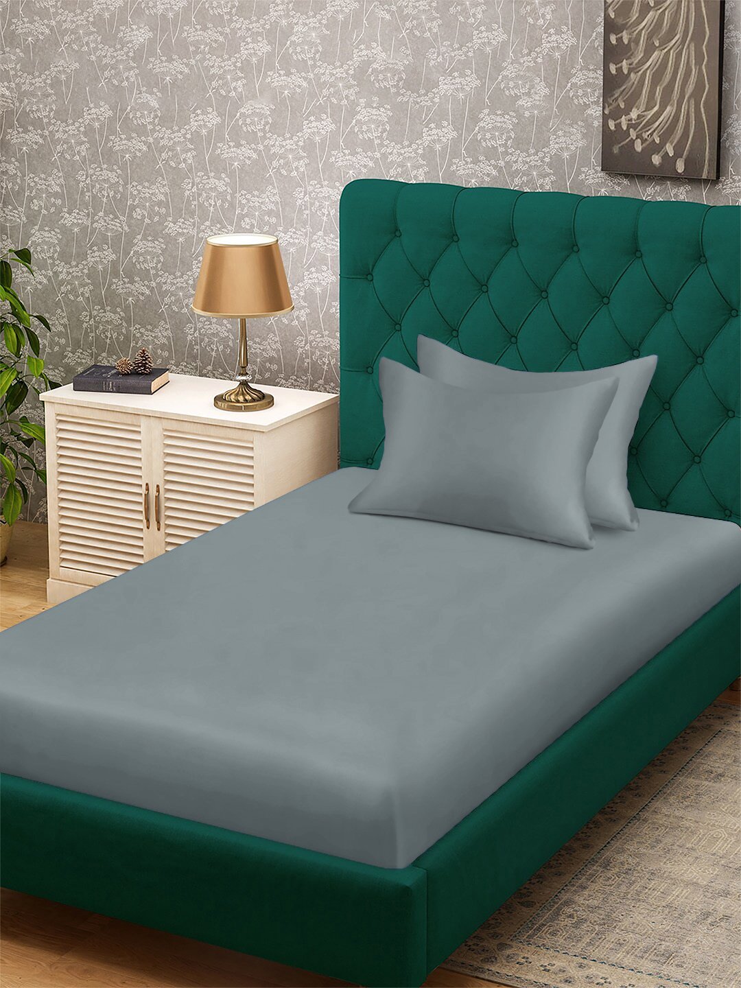 Grey Solid 300 TC Cotton Blend Single Bedsheet with 2 Pillow Covers